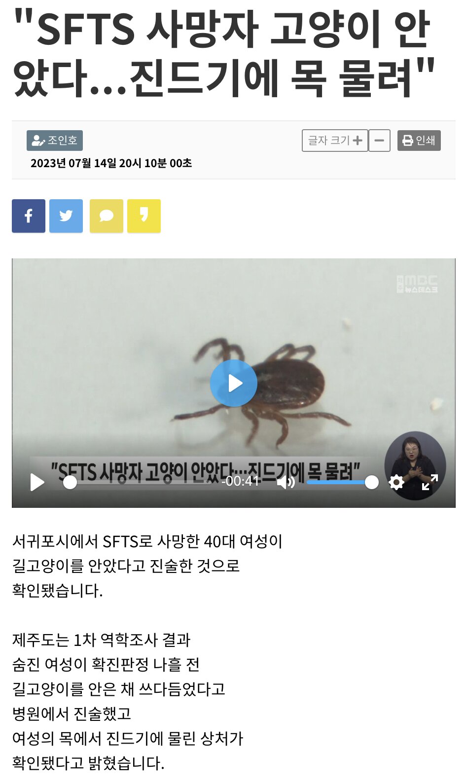 길고양이 쓰다듬고 안았다가 진드기 물려