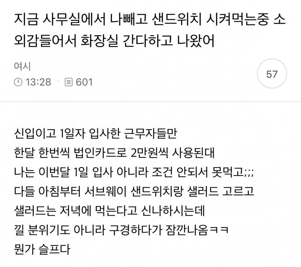 회사에서 나 빼고 서브웨이 시켜 먹음 