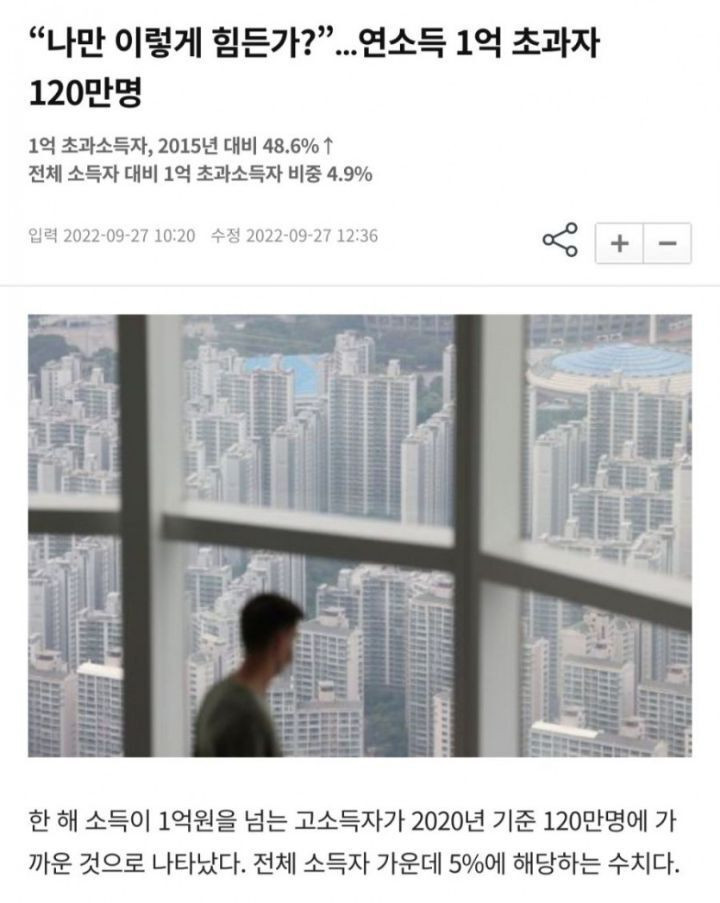 나만 이렇게 힘든가? 연소득 1억 초과자 120만명 ㄷㄷ