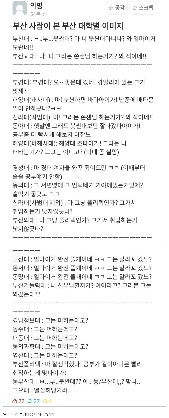 붓싼 사람이 본 부산 대학별 순위