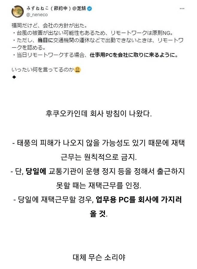 태풍 때문에 난리인 일본 어느 회사 재택근무 방침 