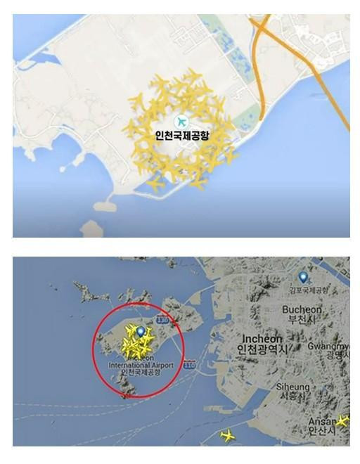 수능 당일 듣기평가 시간에 공항 주변에서 모여있는 비행기들